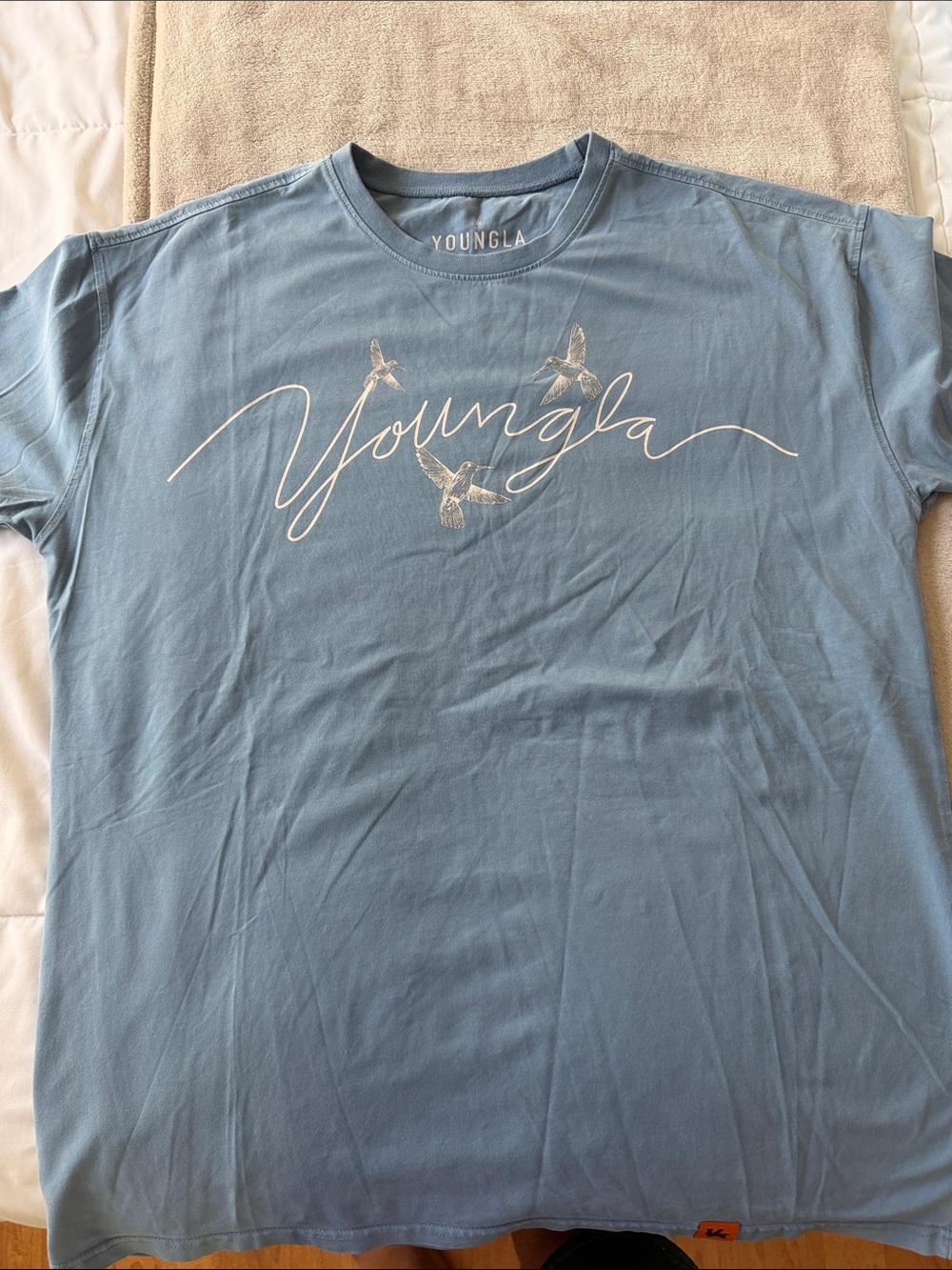 YoungLA Light Blue Flock Tee with White Script & Birds